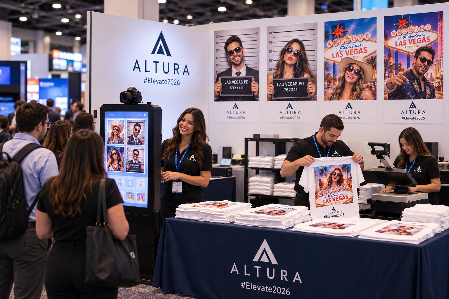 Branded AI T-shirt printing booth at an NYC conference with photo kiosk, sample designs and staff heat-pressing personalized shirts