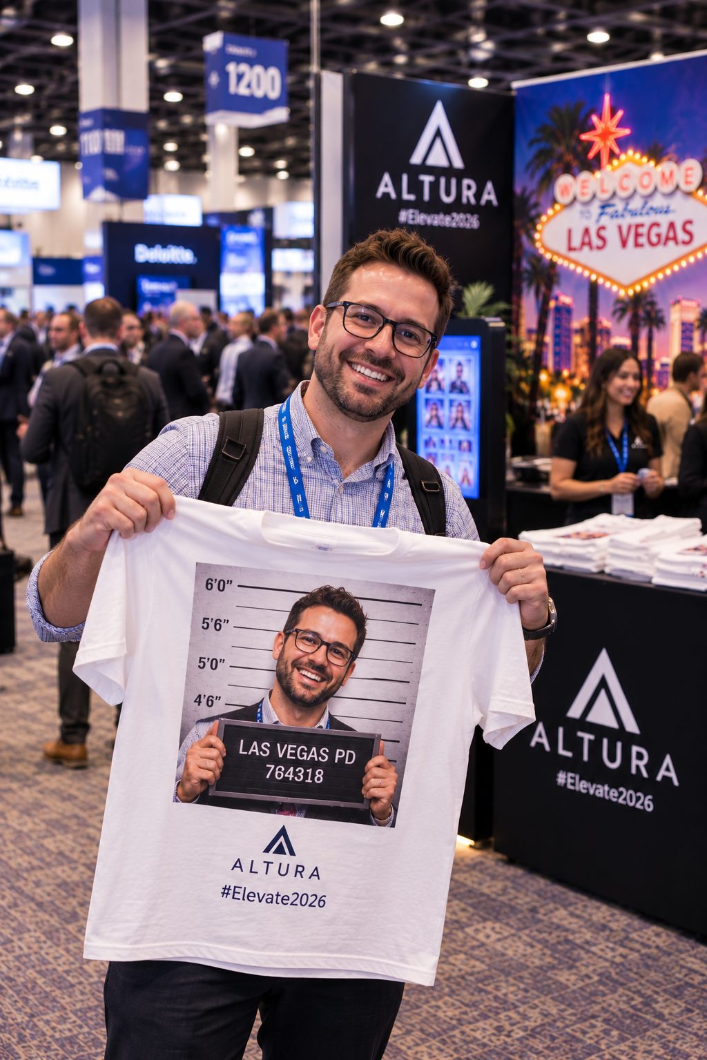 Trade show attendee in New York holding a personalized AI mugshot-style T-shirt with company branding