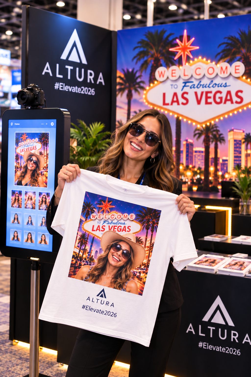 Conference attendee in NYC holding a personalized AI-generated Las Vegas T-shirt printed live at a branded trade show booth by Big Day Events